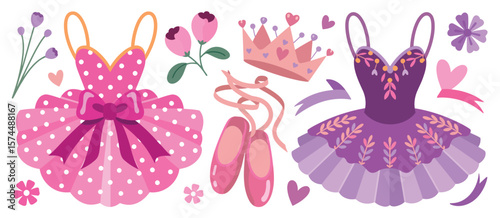 Ballet tutu pointe shoes crown and flowers in pink and purple colors