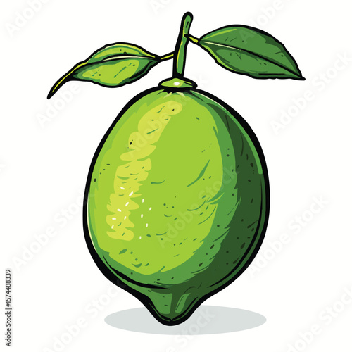 Vibrant Green Lime with Attached Leaves HandDrawn Style