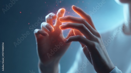 Hands interacting with neon hologram digital environment closeup view