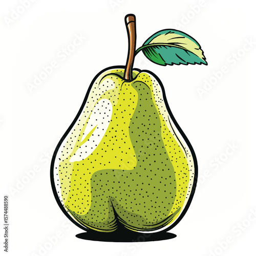 Vibrant Green Pear with Stippled Texture and Leaf