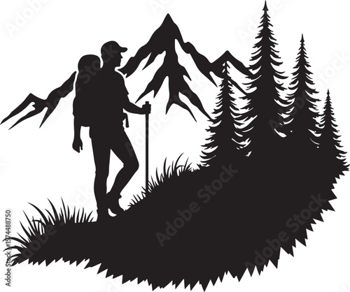 Nature Trekking Silhouette with Mountains and Trees.