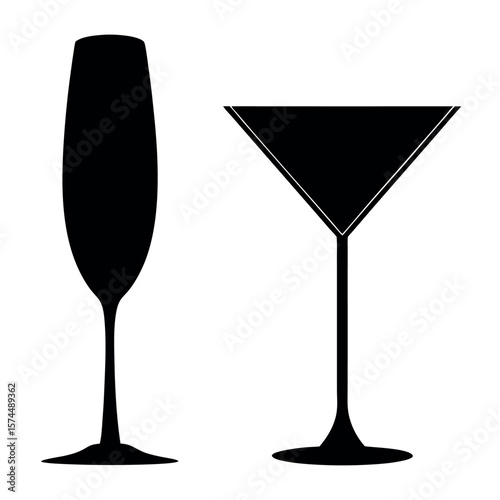 Champagne flute and martini glass silhouette isolated on white background