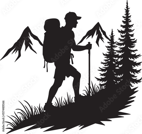 Nature Trekking Silhouette with Mountains and Trees.