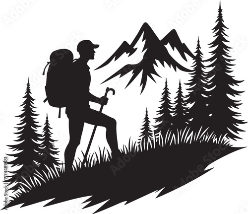 Nature Trekking Silhouette with Mountains and Trees.