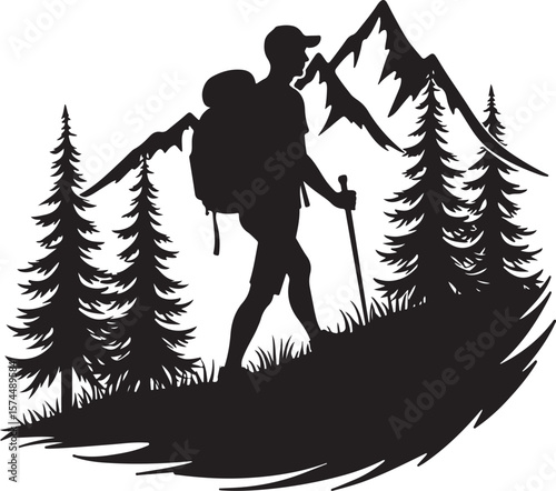 Nature Trekking Silhouette with Mountains and Trees.