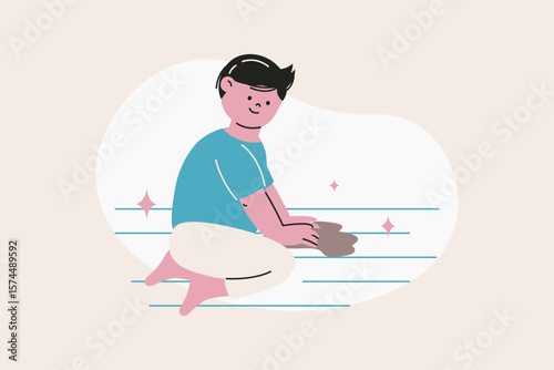 Illustration of Boy Cleaning Floor at Home