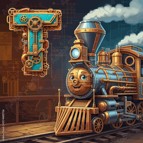 Steampunk style alphabet 'T' letter next to steam train. Steam train, with intricate gears and brass details, brings to life this vintage mechanical design of a steam engine locomotive, next to 'T'