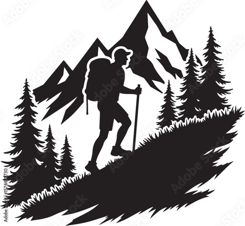 Nature Trekking Silhouette with Mountains and Trees.