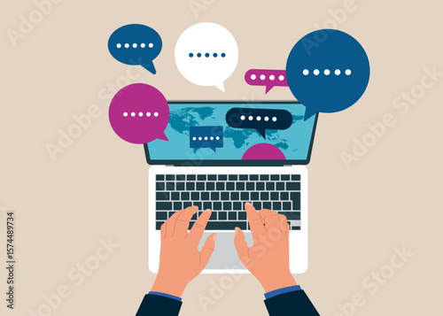 Top view of man working using laptop. Discussion, employee survey or customer suggestion. Vector illustration