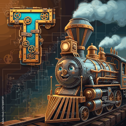 Train image features a whimsical steampunk style alphabet 'T' letter above train on railroad tracks. Steampunk style alphabet 'T' integrates gears, pipes and brass details