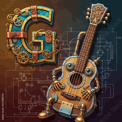 Steampunk style alphabet with guitar letter G and musical instrument robot design. Guitar letter G design includes intricate gears, rivets, and metallic accents.