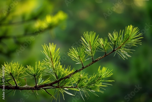 Close up of vibrant green pine needles growing on a branch against a blurred green background, showcasing the fresh growth of spring