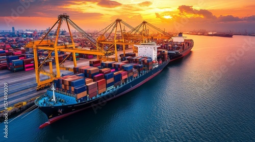 A large container ship loaded with colorful cargo containers docked at a port during a vibrant sunset with cranes and city skyline in the background.