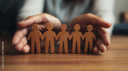 Hands gently protect a line of paper cutout people figures, symbolizing unity, care, and community support.