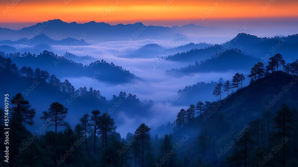 Fototapeta premium Misty mountain range at sunrise.