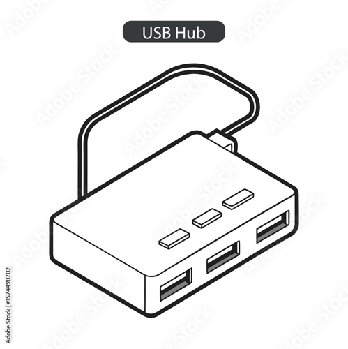 Modern black and white line art illustration of a usb hub with multiple ports