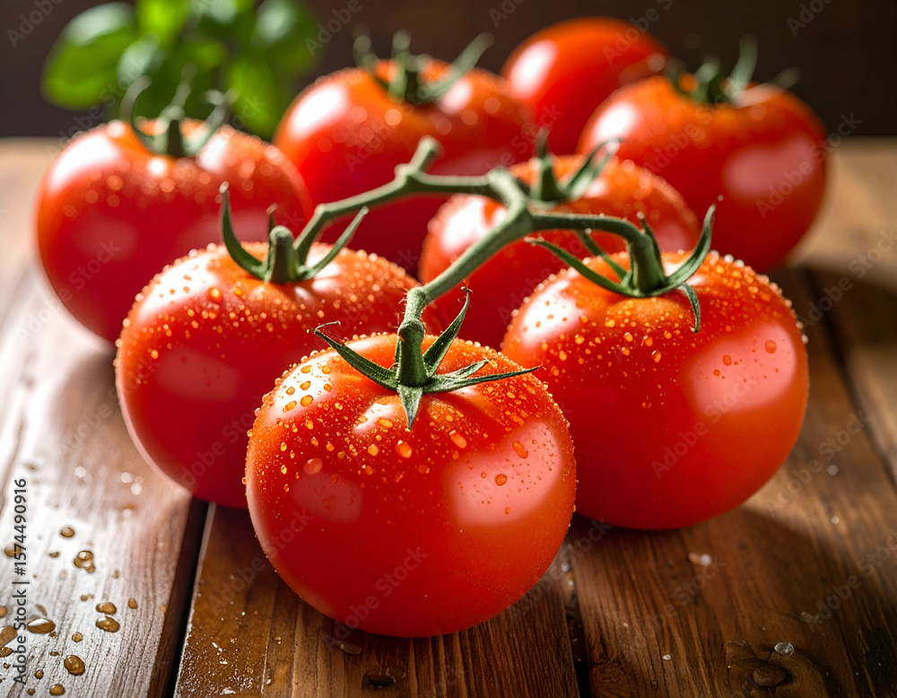 Fresh Tomatoes on Vine with Wooden Table. Fresh Tomatoes on Vine with Wooden Table.
