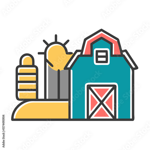 Colorful farm illustration with barn and silo under the sun  