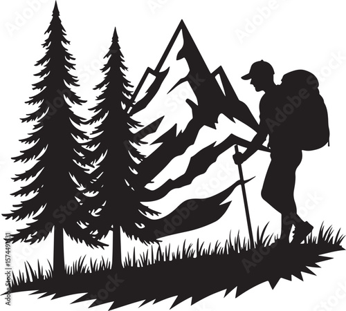 Nature Trekking Silhouette with Mountains and Trees.