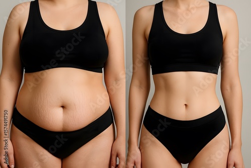 Woman s body transformation before and after weight loss showing belly and stretch marks