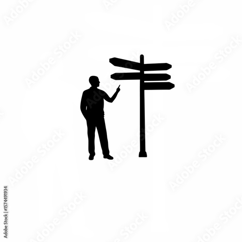 Silhouette of man pausing to check direction signboard on white background