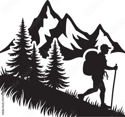 Nature Trekking Silhouette with Mountains and Trees.