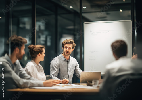 Group of business people in an office sitting around a table, discussing ideas. A man holds a pen and points at a blank whiteboard, promoting teamwork, planning, and strategy