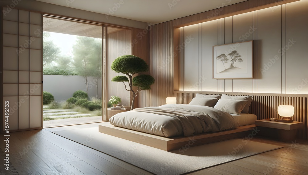 Obraz premium A Luxurious bedroom interior design: A bedroom with a large bed and wooden floors.