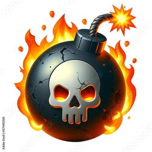 bomb ball with danger skull symbol and fire game ui assets 3d icon illustration render design isolated on white background