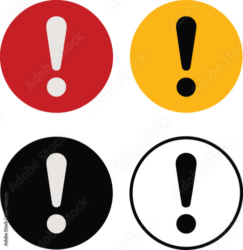 Set of four circular warning signs with exclamation marks in red yellow black and white