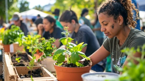 A group of diverse people tends plants in a sunny outdoor setting. A young woman focuses on a small basil plant. Other people tend plants too