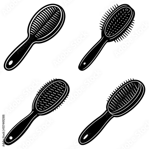 Four black and white illustrations of hairbrushes with different bristle patterns and handle styles