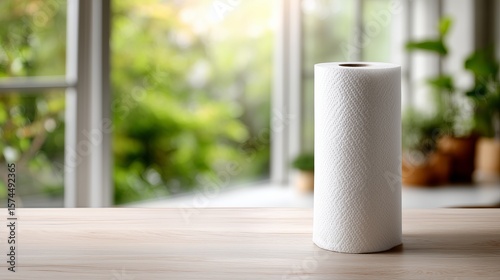 Kitchen paper roll resting on wooden table with natural light from window