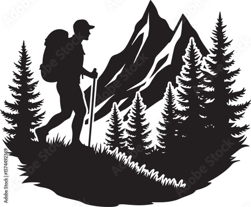 Nature Trekking Silhouette with Mountains and Trees.