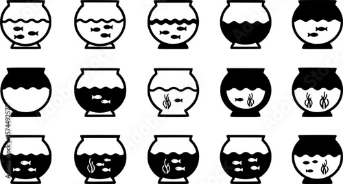 A collection of black and white vector illustrations of fishbowls at varying fill levels
