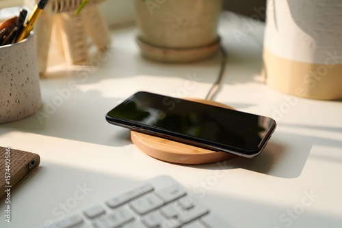 Wireless charging pad for mobile phone on desk at home or office setup technology device