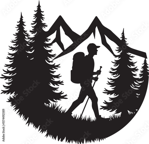 Nature Trekking Silhouette with Mountains and Trees.