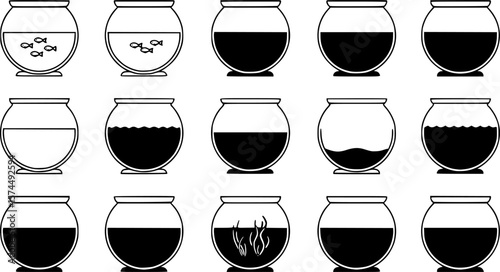 A collection of black and white vector illustrations of fishbowls at varying fill levels
