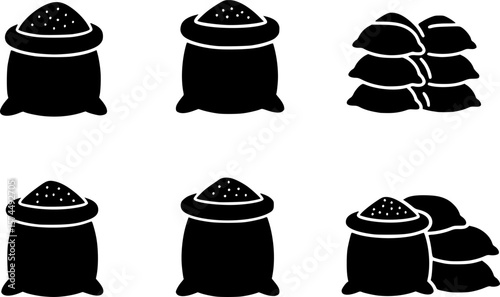 Black and white illustration of six sacks filled with grain or flour
