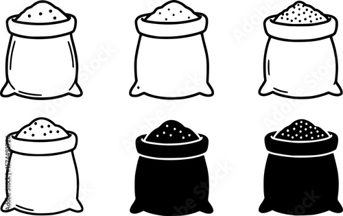 Black and white illustration of six sacks filled with grain or flour

