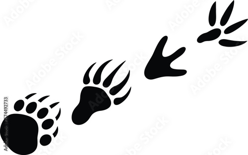 Collection of black animal paw prints and footprints