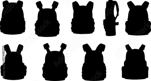 A collection of black silhouette tactical vests featuring different attachment styles
