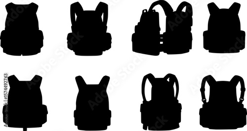 A collection of black silhouette tactical vests featuring different attachment styles
