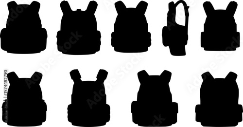 A collection of black silhouette tactical vests featuring different attachment styles
