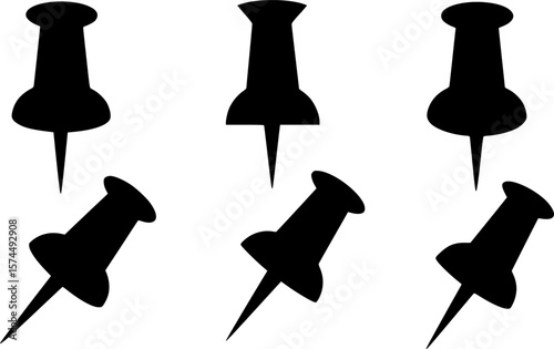 A collection of six black push pin vector silhouettes isolated on white

