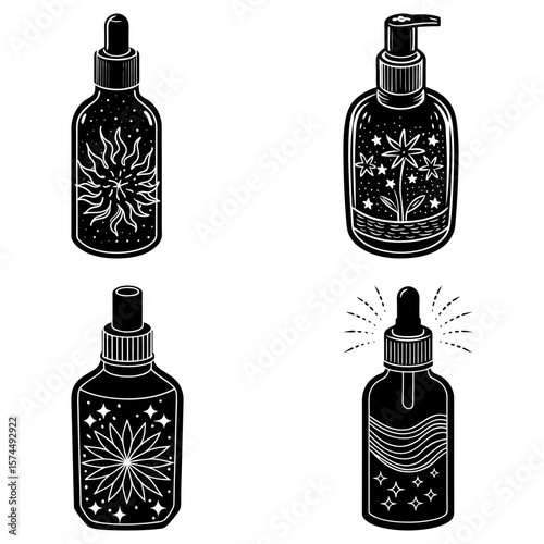 Illustration of four bottles with different designs including sun, flower, stars and waves pattern