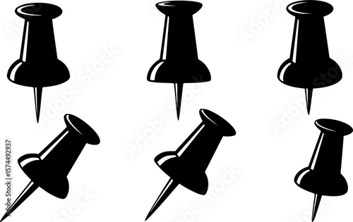 A collection of six black push pin vector silhouettes isolated on white
