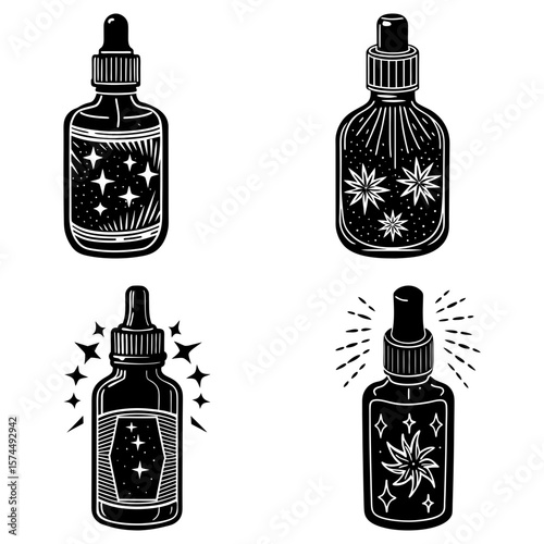 Four dropper bottles with celestial star designs in black and white line art illustration style set up nicely