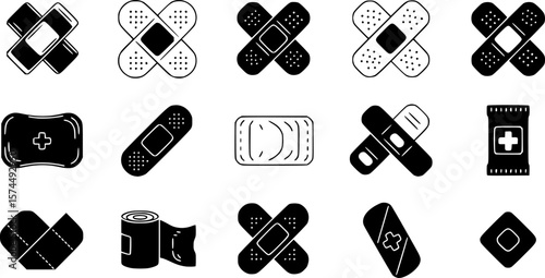 Black and white vector illustration of medical bandages and band aids
