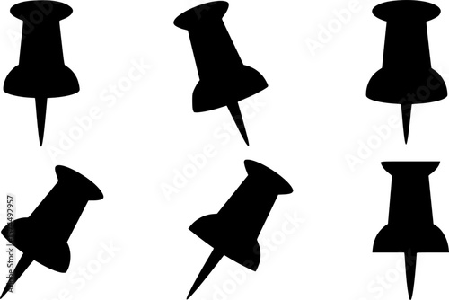 A collection of six black push pin vector silhouettes isolated on white
